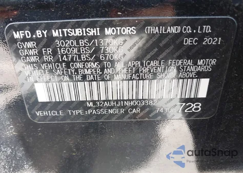 2022 Mitsubishi Mirage Es/Le из США, поврежденный, VIN ML32AUHJ1NH003382